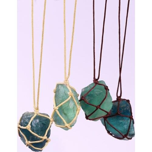 Ethnic Hand-woven Braided Rope Natural Quartz Crystal Stone Blue Green Fluorite Treatment Stone Pendant Necklace Healing Jewelry