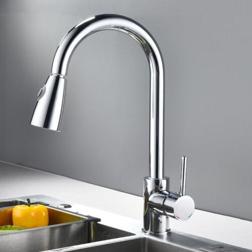Chrome Kitchen Sink Faucet Pull-out Swivel Spout Deck Mounted Kitchen Crane Single Handle Hot Cold Water Mixer Taps