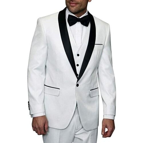 Custom Made Groomsmen White Groom Tuxedos Shawl Black Lapel Men Suits Wedding Best Man Blazer ( Jacket+Pants+Vest +Tie) C320