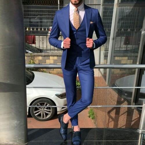 Custom Made Navy Blue Men Suits for Wedding Suits Groom Tuxedos Peaked Lapel Slim Fit Terno Masculino Man Blazer Suits 3Pieces
