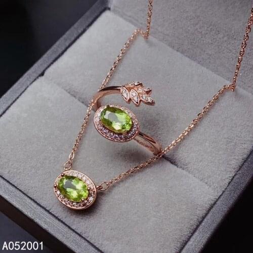 KJJEAXCMY fine jewelry natural Peridot 925 sterling silver women pendant necklace chain ring set support test popular