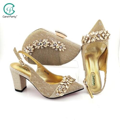 Fashion 2021 Special Colorful Crystal Style Italian Design Nigerian Elegant Ladies Shoes and Bag Set in Gold Color for Party