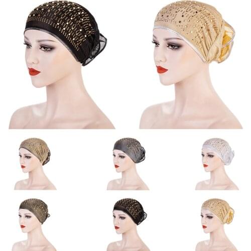 Muslim Women Hijab Under Scarf Rhinestone Turban Tube Flower Hair Loss Chemo Cap Islam Headscarf Arab Bonnet Bone Underscarf Hat