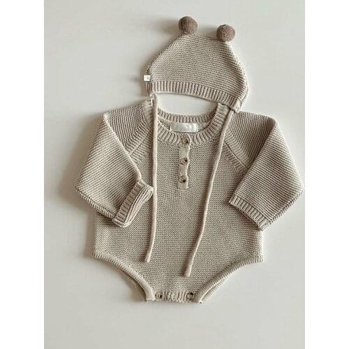 New Baby Boys Girls Knitted Bodysuit Autumn Jumpsuit Knitwear Outfits Newborn Baby Sweater + Knit Hat Toddler Baby Clothes Set