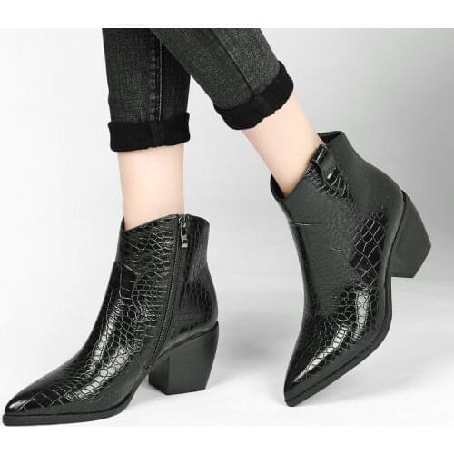 Autumn Women Boots Print Pu Western Boots Square High Heel Ankle Boots Pointed Toe Zipper Winter Shoes Ladies Black Brown