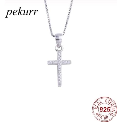 Pekurr 925 Sterling Silver Classic Zircon Big Cross Female Pendants Necklaces For Women Long Chain Collar Christ Fashion Jewelr