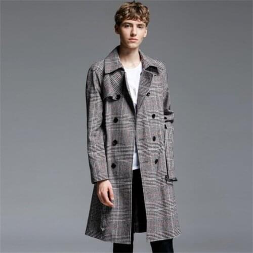 Mens trench coats man medium chamarras para hombre clothes British retro plaid overcoat long sleeve double-breasted lapels