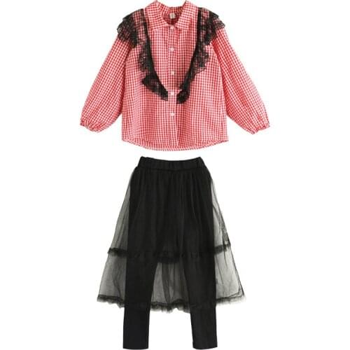 2020 Big girl spring autumn clothing set plaid lace shirts+mesh skirts leggings,kids Children fashion elegant 2pcs clothes suits