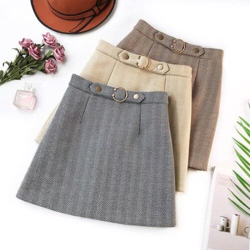 Wasteheart Gray Coffee Skirts Women Fashion A-Line Mini Skirt Striped All-match Clothing Plus Size Short Skirt Belt Bodycon