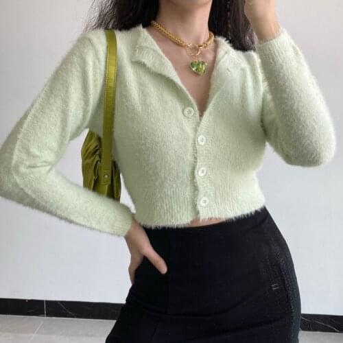 WOMENGAGA Korean Fashion Solid Color Long Sleeve Knitted Sweater Women Crew Neck Tops All-match Slim Plush Cardigan 7G2G