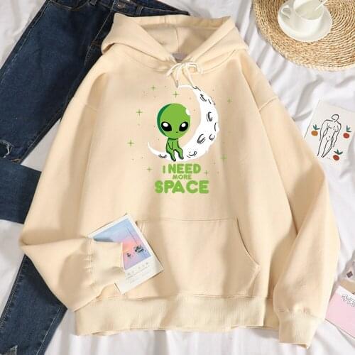 I Need More Space Green Alien Printing Women Sweatshirts Autumn Loose Fleece Clothing Fashion Street Hoodie Oversize Pocket Tops