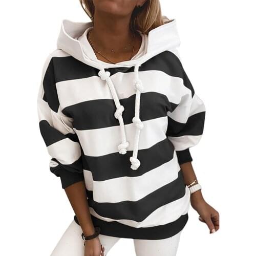 Women Casual Autumn Stripes Color Block Drawstring Hood Sweatshirt Hoodie Blouse