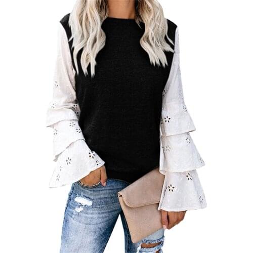 Patchwork Ruffles Sleeve Pullovers Women 2021 New Autumn Winter High Street Fashion Mesh Tops Elegant Round Neck Clothing