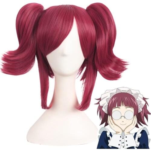 Tokyo Anime Black Butler women MEY-RIN cosplay wig Mey Rin Burgundy Synthetic Hair with Chip Ponytails + wig cap