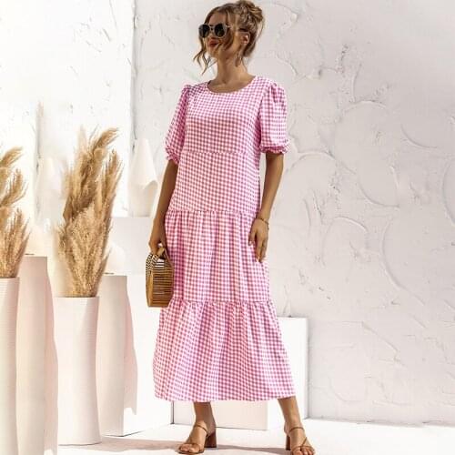 Women Polka Dot Print Long Dress Summer Lady Elegant Casual Plaid Loose Party Maxi Dress Short Sleeve Patchwork Vestidos Female