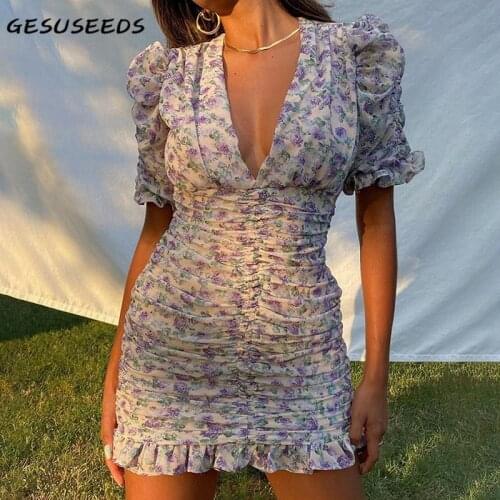 Sexy V Neck Dress Women Summer Puff Sleeve Dresses Elegant Bodycon Mini Dress Floral Ruffle Boho Dresses Cute Holiday Dress 2021