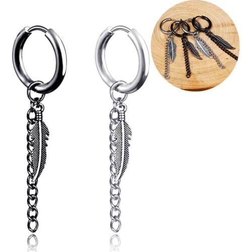 1Pc Men Fashion Long Chain Feather Design Ear Clip Piercing Loop Hoop Earring Jewelry Gift