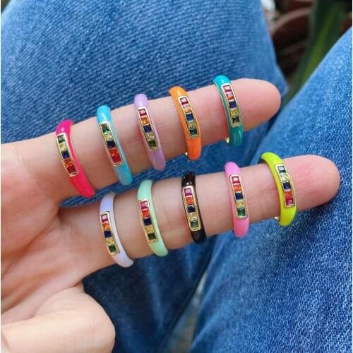 10Pcs 2021 Trendy Gold Plated colorful enamel mini rainbow cz zircon Ring for Women Wholesale