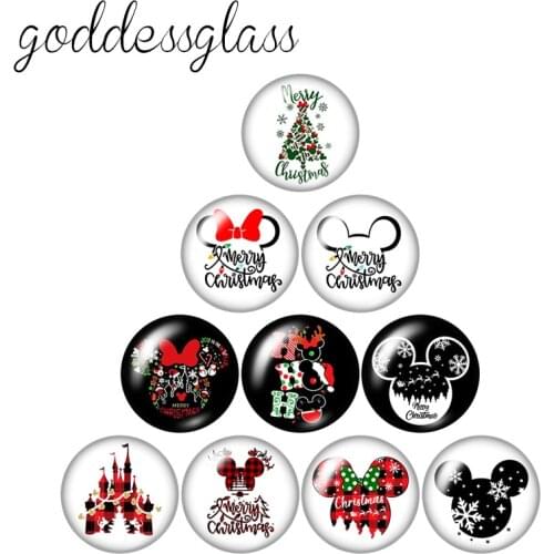 Disney Merry Christmas Mickey Winnie 10pcs 12mm/18mm/20mm/25mm Round photo glass cabochon flat back Necklace Making findings