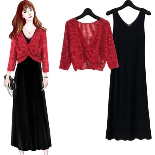 2021 Women Spring Summer Elegant Suit Lady V-neck Hollow Out Knit Top and Pleated Strap Dress 2 Piece Set Female Casual Set E885