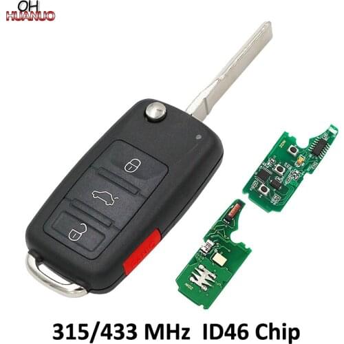 4 Buttons 315MHZ 433 MHZ Keyless Fob 3+1 Buttons Folding Remote Key for Volkswagen forTouareg 2002-2010 with ID46 Chip