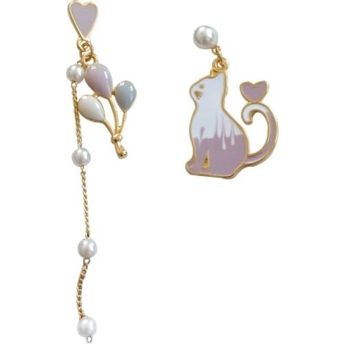 Asymmetrical Long Chains Pink Balloon Cat Clip on Earrings Without Piercing for Kids Girls