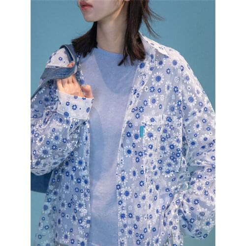 HOUZHOU White Transparent Beautiful Blouse Women Chic Summer Long Puff Sleeve Oversize Shirts Floral Sheer Top Harajuku Cardigan