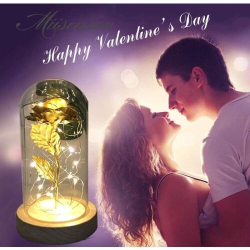 HOT Rose In Flask Beauty And The Beast Gold-plated Red Rose With LED Light In Glass Dome For Wedding Party Mothers Day Gift