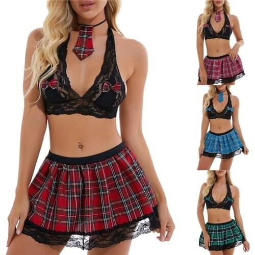 4Pcs Women Lingerie Set Lace Sheer Halterneck Tops + Plaid Short Skirt + Necktie + G-String for Girlfriend, Wife