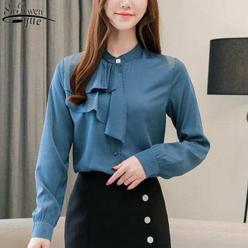 Irregular Ruffles Top Female 2021 Autumn New Office Lady Long Sleeve Chiffon Blouse Solid Bow Collar Fashion Women Blouses 10515