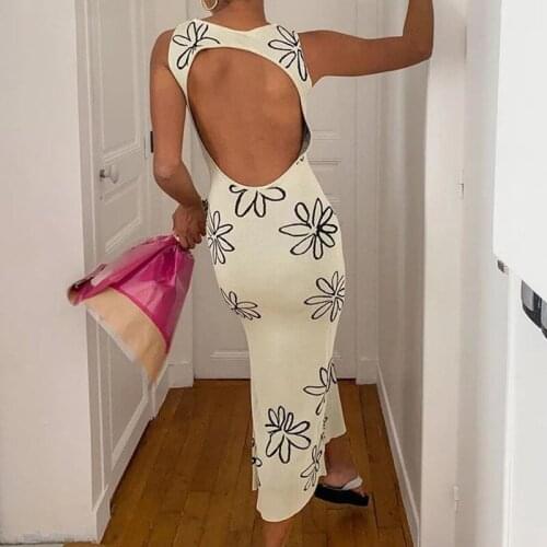 Open Back Split Maxi Dress Women Sexy Floral Print O-Neck Sleeveless Backless Sundress for Summer Female Party Streetwear