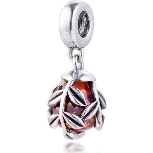 Fits For Pandora Charms Bracelets Leaves Beads 100% 925 Sterling-Silver-Jewelry with with Faceted Golden CZ Free Shipping