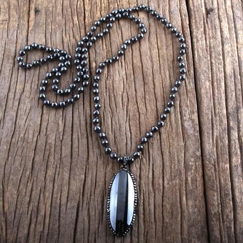 RH Fashion Bohemian Jewelry Faceted Hematite Stone Knotted Pave Hematite Dorp Necklaces Women Lariat Necklace