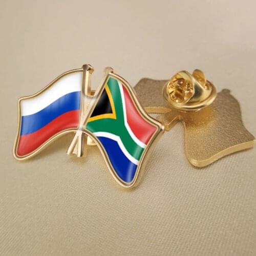 Russian Federation and South Africa Crossed Double Friendship Flags Lapel Pins Brooch Badges