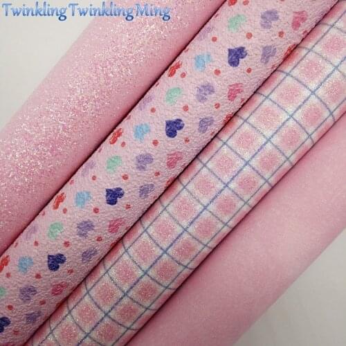 PINK Glitter Fabric, Hearts Printed Faux Fabric, Suede Synthetic Leather Fabric Sheets For Bow A4 21x29CM Twinkling Ming XM940