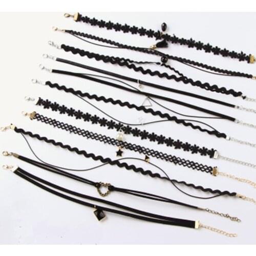 METOO 11pcs Girls Jewelry for Kids Necklace Black Multi Layer Lace Chains Choker Necklace Children Gothic Stretch Baby Jewelry