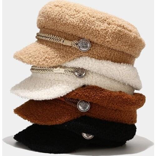 2021 Korean New Style Lamb Wool Navy Hat Women Autumn and Winter Hat Thick Fashion Warm Flat Top Cap Tide Octagonal Cap