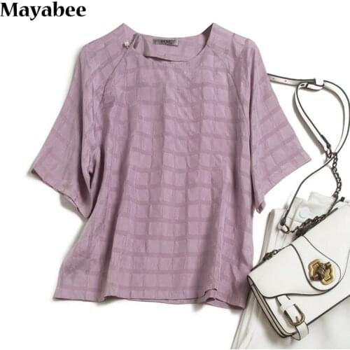 Spring And Summer Purple Plaid Retro Chinese Short-Sleeved Woman Blouse Silk Shirt 2021 Spring Summer New