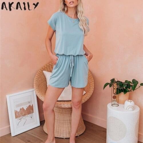 Akaily Streetwear O Neck Strapless Drawstring Rompers Women Jumpsuit Summer Fitness Solid Jumpsuit Sexy Club Outfits For Women