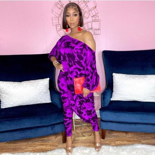 Camouflage Striped Print Womens Tracksuit One Shoulder Side Split Half Sleeve Long Version Tops+pencil Legging Two Piece Sets