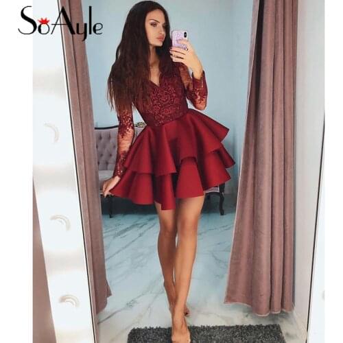 SoAyle V-Neck Long Sleeves Short Dresses Cocktail Dress for Women Party Engagement Burgundy Puffy Gowns Cake Dress