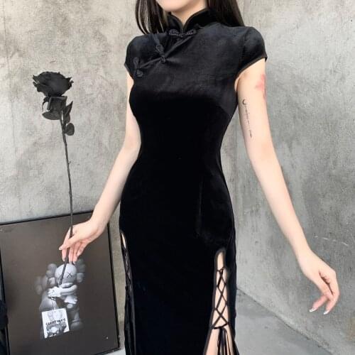 Lady High Split Sexy Stand Neck Slim Drawstring Velvet Dress Hipster Party Dresses Black Goth Women Dark Cheongsam 2020 Summer