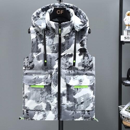 2021 Winter Camouflage Thick Vest Men Hooded Hat Detachable Sleeveless Coat Waterproof Male Comfortable Waistcoat Plus Size 5XL
