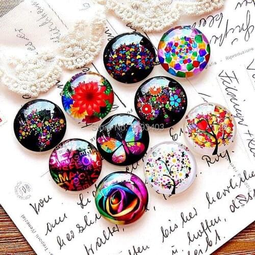 40pcs 20mm 25mm 30mm Handmade Round Glass Beads Cabochon-Image Glass Cabochon-(Flowers )-(HPGC-MIXSS-B1)