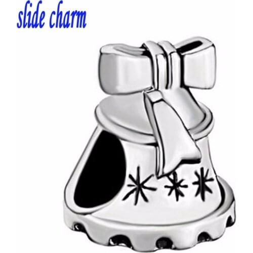Free shipping The white snowflake pattern Christmas gift ribbon bell charm beads fit Pandora bracelet
