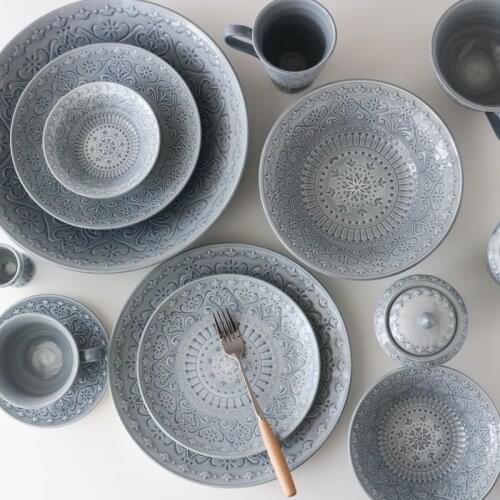 Ceramic Underglaze Color Haze Blue Tulip Reliefs Dinner Plate Deep Bowl Coffee Cup Saucer Water Cup