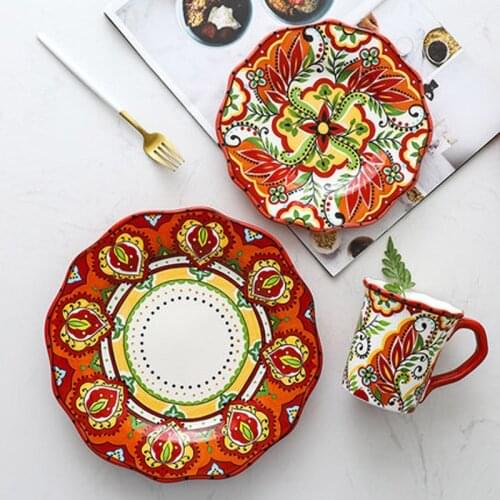 FANCITY Bohemian Hand-painted Ceramic Tableware Western Food Plate Steak Plate Dim Sum Plate Salad Plate Square Plate Round Plat