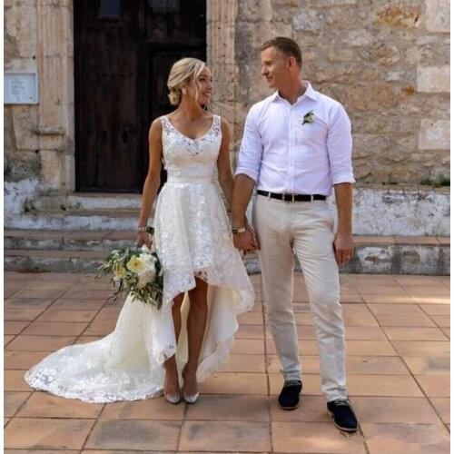 Short front long Wedding Dresses 2020 Bridal Dresses Vintage Lace Boho high low Bridal Dress Sheer Neck Lace vestido de noiva