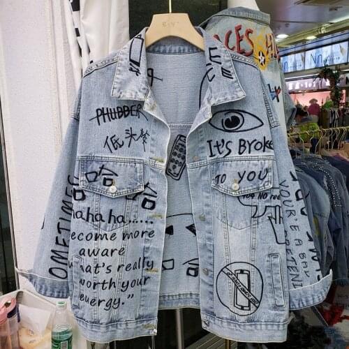 Autumn Harajuku Letter Letter Denim Jacket Coat Women Loose Long Sleeve Short Outerwear Wash Blue Jeans Jacket Female Streetwear