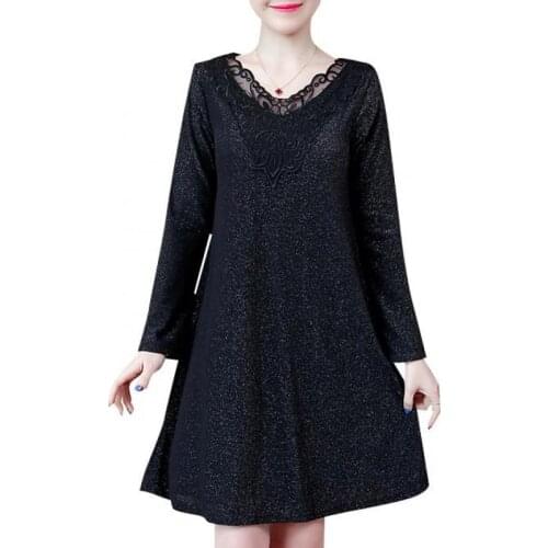 L-5XL Office Lady Embroidery Party Loose V-Neck Long Sleeve Plus Size Autumn Wine Red Black Elegant Woman Cocktail Dresses